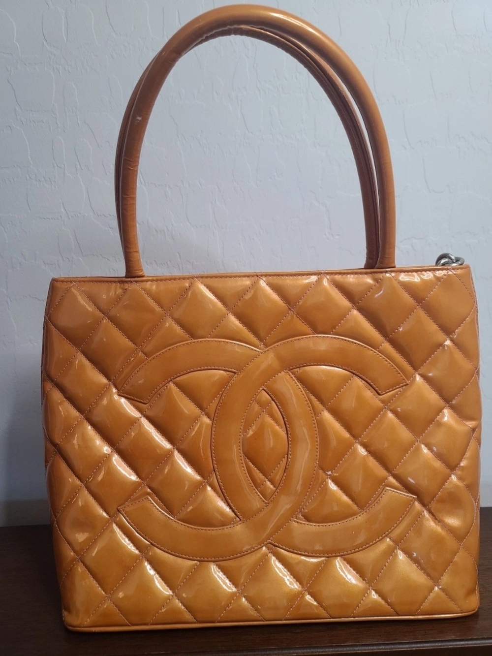 CHANEL Vintage Orange Patent Quilted Medallion Tote Bag